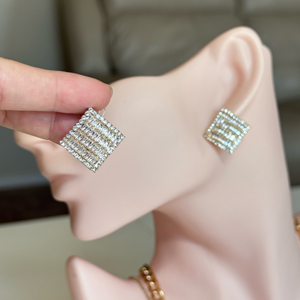 Gold Tone Pave Square Stud Earrings